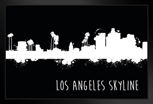 Los Angeles California Skyline Illustration Black and White B W Black Wood Framed Art Poster 20x14 inch