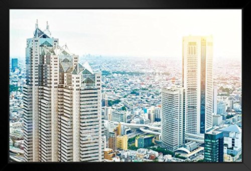 Tokyo Japan Downtown City Buildings Aerial View Artistic Landscape Photo Black Wood Framed Art Poster 20x14 inch