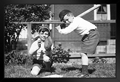 Two Young Boys Playing Baseball in Garden Yard Black and White B W Photo Art Print Black Wood Framed Poster 20x14 inch Two Young Boys Playing Baseball in Garden Yard Black and White B W Photo Art Print Black Wood Framed Poster 20x14 inch