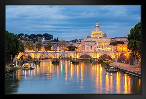 Vatican Saint Peters Basilica and Ponte Sant Angelo Bridge of Angels On Tiber River Rome Italy Sunset Photo Black Wood Framed Art Poster 20x14 inch Vatican Saint Peters Basilica and Ponte Sant Angelo Bridge of Angels On Tiber River Rome Italy Sunset Photo Black Wood Framed Art Poster 20x14 inch