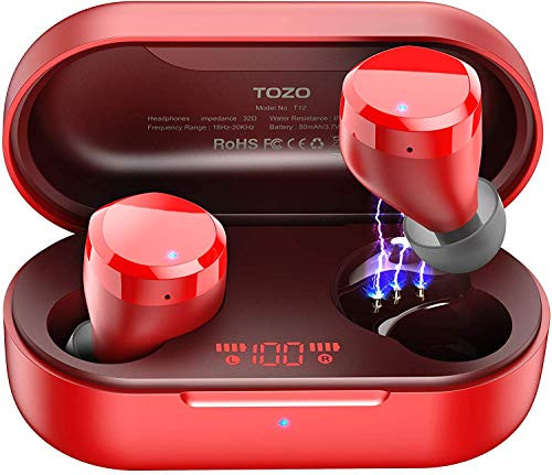 TOZO T12 Wireless Earbuds Bluetooth Headphones HiFi Sound Quality and Wireless Charging Case Digital Intelligence LED Display IPX8 Waterproof Earphones Built-in Mic Headset Deep Bass for Sport Red