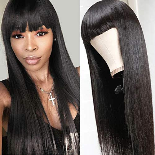 DACHIC Human Hair Wigs with Bangs Brazilian None Lace Front Wig for Women Glueless Full Machine Made Straight Wigs Natural Color 16 Inch Straight Wig