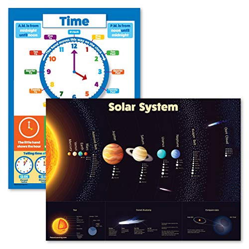 2 Pack - Solar System Poster for Kids  and  Learning to Tell Time Chart Laminated 18 x 24