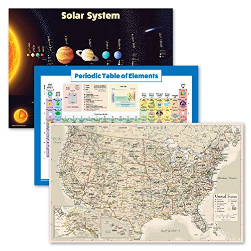 3 Pack - Solar System Poster  Periodic Table of The Elements for Kids  Antique Style USA Map Chart Laminated 18 x 24