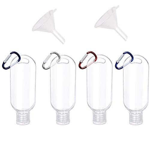 4 Pack 50ml1_7oz Travel Plastic Clear Keychain Bottles with 4Pcs Carabiner and 2Pcs Funnels Leakproof Refillable Empty Bottles Portable Squeeze Containers