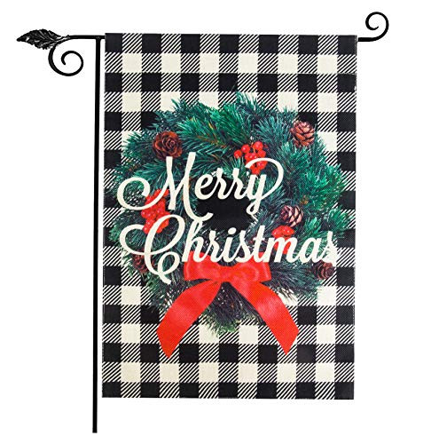 Besteekek Christmas Garden Flag Wreath Farmhouse Small Burlap Vertical Double Sided Christmas Yard Flag Merry Christmas Flag Burlap Yard Outdoor Decoration 12 x 18 - Black
