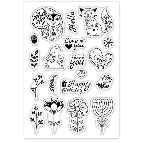GLOBLELAND Flower Animal Clear Stamps Silicone Stamp Cards with Greeting Words Pattern for Card Making Decoration and DIY Scrapbooking