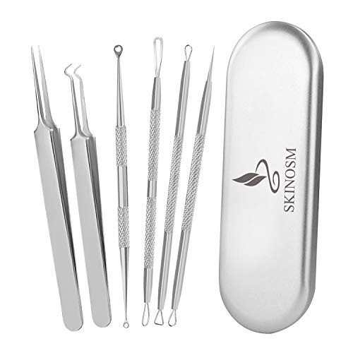 SKINOSM Blackhead Remover Kit 6-in-1 Pimple Popper Tool Kit Curved Blackhead Tweezers Professional Stainless Pimple Comedone Acne Blemish Extractor Removal Tools Set