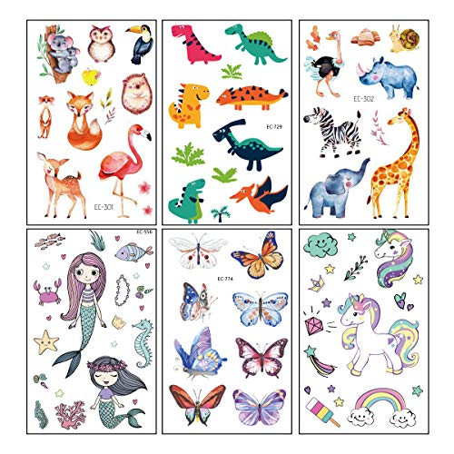 Temporary Tattoos for Kids Animal Party Supplies Unicorn Mermaid Butterflies Dinosaur Fake Tattoo Stickers Art6 Sheets