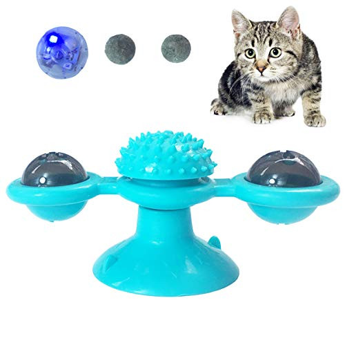 Windmill Cat Toy Turntable Teasing Interactive Cat Toys for Indoor Cats with Suction Cup Scratching Tickle Cats Hair Brush Funny Kitten Toys with Catnip and Flash Lights