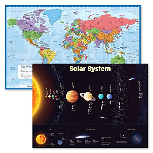2 Pack - Solar System Poster for Kids  and  World Map Chart Blue Ocean Laminated 18 x 24