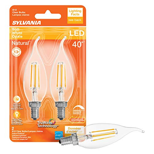 Sylvania LED B10 Natural Light Series Light Bulb Candelabra Base 40W Equivalent Efficient 4W Dimmable Clear Finish Soft White 2700K Color Temperature 2 Pack 40755