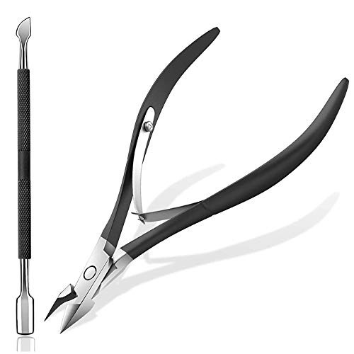 Cuticle Trimmer with Cuticle Pusher - Cuticle Remover Clipper Cutter Nipper Professional Stainless Steel Dead Skin Scissors Remover Durable Pedicure Manicure Tools for Fingernails and Toenails Black