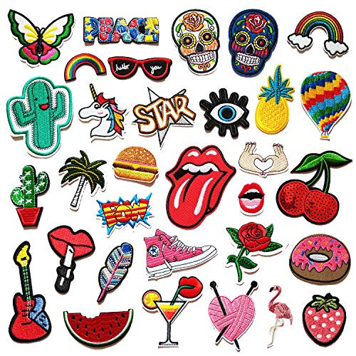 Czorange 32pcs Embroidered Patch Sew On/Iron On Patches Applique Accessories Assorted Size Decoration Patches for DIY Jeans Jacket Clothing Handbag Shoes Caps