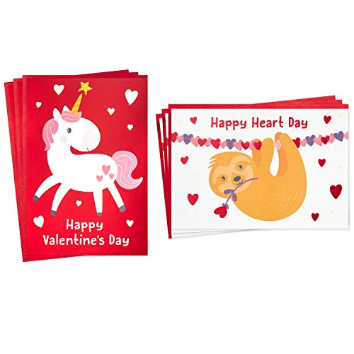 Hallmark Valentines Day Cards Assortment for Kids Unicorn and Sloth 6 Valentines Day Cards with Envelopes