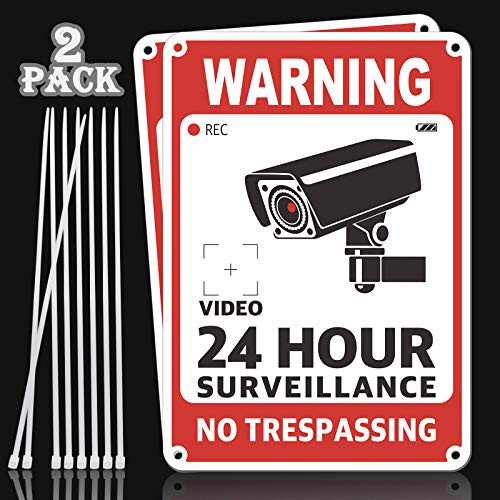 2 Pack No Trespassing Signs Private Property 24 Hour Video Surveillance Sign 7x10 Corrugated Plastic Security Signs for Home and Business