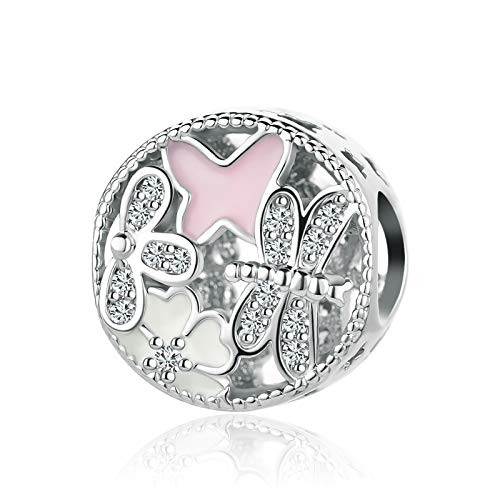 QeenseKc Butterflies Garden Charm Pink Enamel CZ Bead for European Bracelet Necklace QeenseKc Butterflies Garden Charm Pink Enamel CZ Bead for European Bracelet Necklace