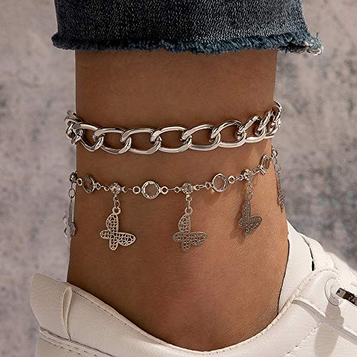 Missgrace Boho Punk Layered Anklets Women Butterfly Silver Ankle Bracelet Charm Beaded Dainty Foot Jewelry for Women and Teen Girls Summer Barefoot Beach Anklet
