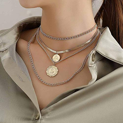 Jeairts Punk Layered Necklace Gold Snake Bone Choker Necklaces Portrait Pendant Necklace Chain Jewelry for Women and Girls