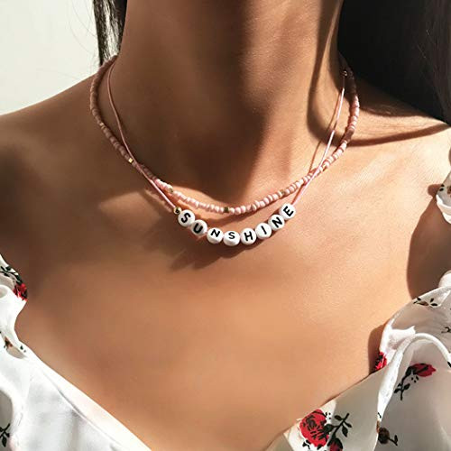 Simsly Boho Layered Necklace Gold Bead Letter Pendant Necklaces Pink Chain Jewelry for Women and Girls Simsly Boho Layered Necklace Gold Bead Letter Pendant Necklaces Pink Chain Jewelry for Women and Girls