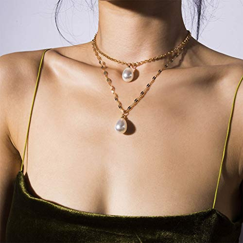 Funyrich Simple Layered Pearl Necklace Chain Gold Waterdrop Pendant Necklaces Crystal Jewelry for Women and Girls Funyrich Simple Layered Pearl Necklace Chain Gold Waterdrop Pendant Necklaces Crystal Jewelry for Women and Girls