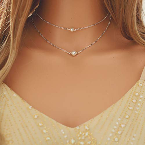 Fstrend Lucky Layered Necklace Dainty Simple Pearl Choker Pendant Charms Necklaces Jewelry for Women and Girls Silver Fstrend Lucky Layered Necklace Dainty Simple Pearl Choker Pendant Charms Necklaces Jewelry for Women and Girls Silver