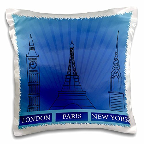 3dRose pc-101394-1 London Paris and New York Historical Structures in Blue-Pillow Case 16 by 16