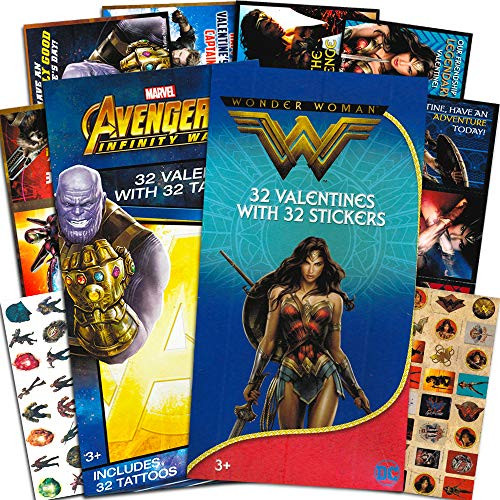 Superhero Valentines Cards Set for Kids Toddlers -- 64 Super Hero Valentine Cards Featuring Marvel Avengers Spiderman and Wonder Woman  Classroom Pack