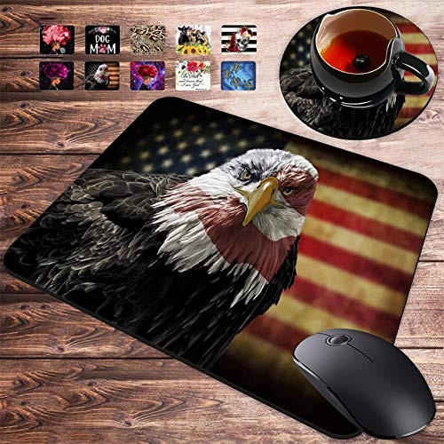 Gaming Mouse Pad and Coasters Set Bald Eagle USA Flag Mousepad Non-Slip Rubber Rectangle Mouse Pad Customized Mouse Mat for Working and Gaming