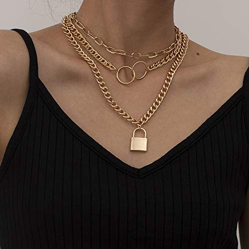 Denifery Dainty Lock Pendent Paperclip Chain Link Necklaces Layered Necklace Lock Pendant Punk Long Chain Statement Choker for Women Men Gold A Denifery Dainty Lock Pendent Paperclip Chain Link Necklaces Layered Necklace Lock Pendant Punk Long Chain Statement Choker for Women Men Gold A