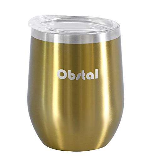 Obstal 12 oz Stemless Wine Tumbler Stainless Steel Wine Glass with Clear Lid - Double Wall Vacuum Insulated Tumbler for Wine Coffee Gold 1