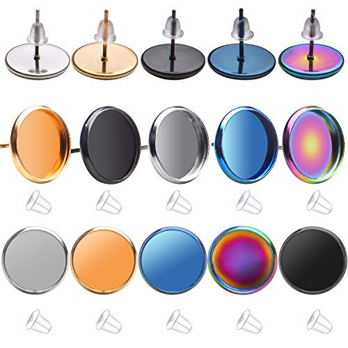 Earring Cabochon Settings 20pcs Stainless Steel Earring Studs Bezel 12mm Blank Tray Earring Post Cup with Silicone Earring Backs for DIY Earring Jewelry Making 5 Colors Earring Cabochon Settings 20pcs Stainless Steel Earring Studs Bezel 12mm Blank Tray Earring Post Cup with Silicone Earring Backs for DIY Earring Jewelry Making 5 Colors