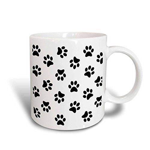 3dRose mug_161521_2 "Paw print pattern black pawprints on white cartoon animal eg dog or cat footprints" Ceramic Mug, 15 oz, White