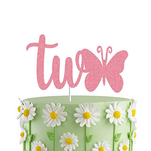 Butterfly Two Cake Topper Rose Gold Glitter Butterfly Themed 2nd Birthday Cake DecorGarden Second Birthday Decorations Childrens Two Years Old Birthday Party Decorations