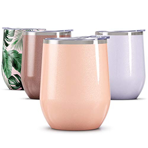 Maars Bev Steel Stemless Wine Glass Tumbler 12 oz  Double Wall Vacuum Insulated - Glitter Blush