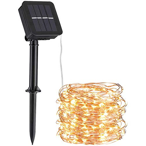 TORCHSTAR Solar Powered Christmas String Lights 33ft 100 LEDs 8 Lighting Modes Solar Fairy Lights IP65 Waterproof Copper Wire Light Home Patio Yard Party Decoration Warm White