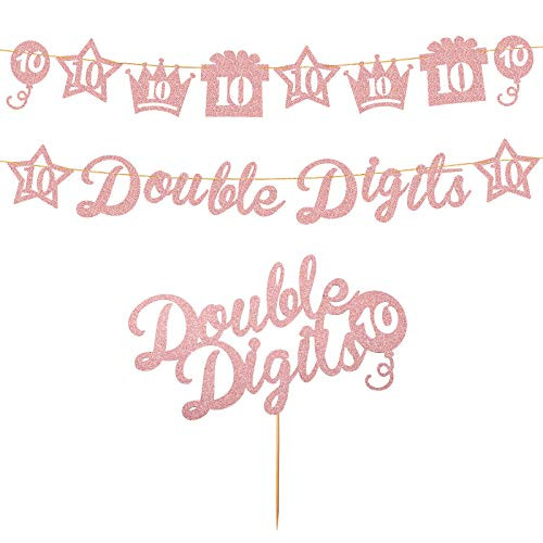 Double Digits 10th Birthday Cake Topper with Banner 2 Pieces Double Digits 10th Cake Banners and 1 Piece 10th Birthday Cake Topper for Birthday Party Cake Decorations Rose Gold