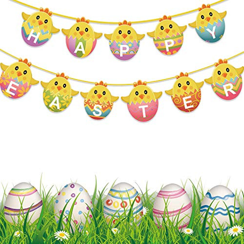 Happy Storm Easter Banner Easter Decorations for Kids Egg Chicks Bunting Garland Banner for Home Party Decor