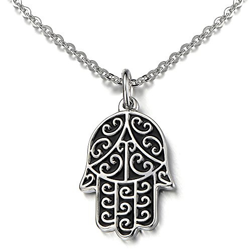 COOLSTEELANDBEYOND Hamsa Hand of Fatima Pendant Necklace Stainless Steel Silver Black Two -Tone with 20 inches Chain