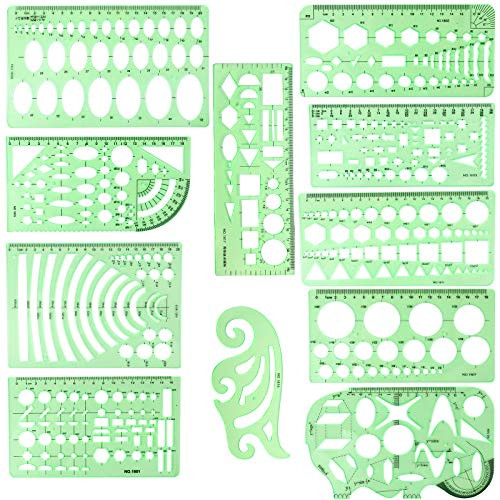 11PCS Geometric Drawings Templates Drafting Stencils Measuring Tools BetyBedy Plastic Clear Green Ruler Shapes with a Zipper Bags for Architecture Office Studying Designing and Building