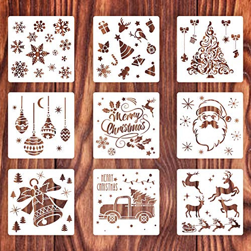 9 Pieces Christmas Painting Template Reusable Plastic Drawing Stencils Christmas Tree Drawing Stencils Template for Spraying Painting on Wood Door Christmas DIY Decoration 7_87 x 7_87 Inch