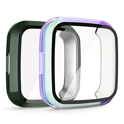 OenFoto Screen Protector Compatible with Fitbit Versa Lite with HD Tempered Glass Case Cover 2 Pack Daily Waterproof 3D Full Coverage Shell Protective for Fitbit Versa Lite Smartwatch