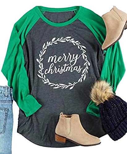 Womens Plus Size Merry Christmas Baseball T-Shirt Leaf Letter Print Raglan 34 Sleeve Holiday Splicing Tee Tops Size XL Green