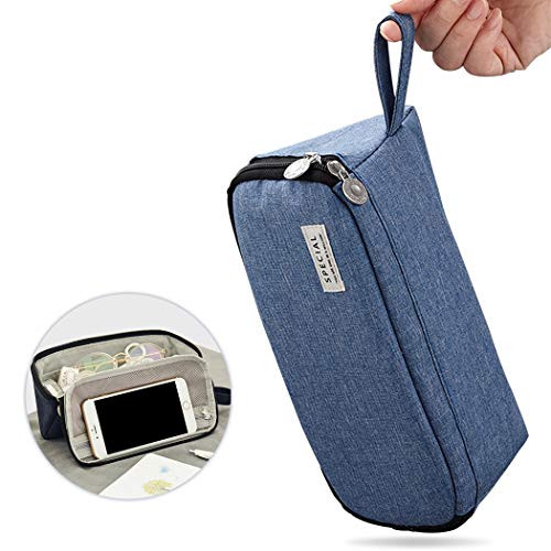 iSuperb Large Capacity Pencil Case Triangle Pencil Pouch Portable Pen Case Zipper Compartments Stationery Organizer Storage Cosmetic Bag for Women Men Blue