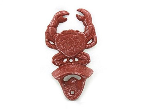 Hampton Nautical K-9112-ww-red Red Whitewashed Cast Iron Wall Mounted Crab Bottle Opener 6" - Vintage Cast Iron Decor - Sea Life Decor Bottle Opener, 6"