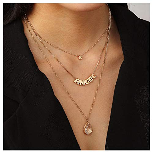 Woeoe Boho Crystal Layered Necklace Gold Beach Letters Pendant Multilayered Star Necklaces Jewelry for Women and Girls