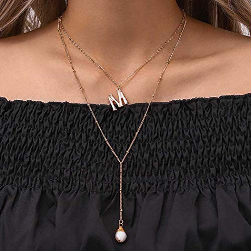 Urieo Simple Layered Necklaces Gold Pearl Y Pendant Chains Multilayer M Letter Necklace Choker Jewelry for Women and Girls