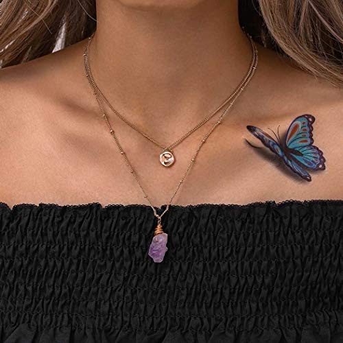 Urieo Simple Layered Necklaces Gold Crystals Pendant Chains Multilayer Gem Coin Necklace Jewelry for Women and Girls