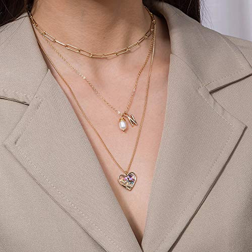 Urieo Simple Layered Necklaces Gold Heart Pendant Chains Dainty Multilayer Pearl Necklace Jewelry for Women and Girls