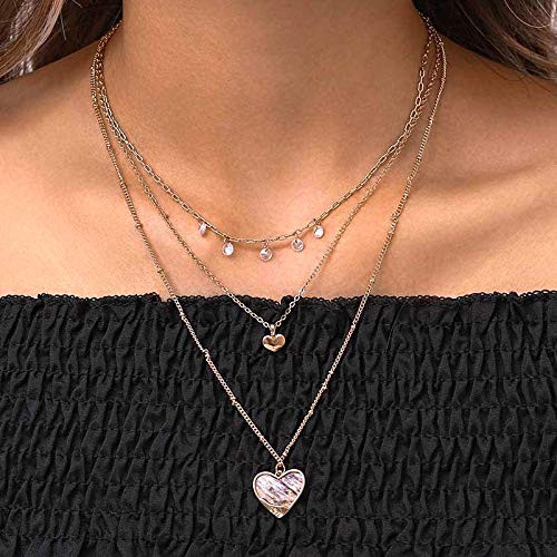 Urieo Simple Layered Necklaces Choker Heart Pendant Chains Dainty Multilayer Sequin Necklace Jewelry for Women and Girls